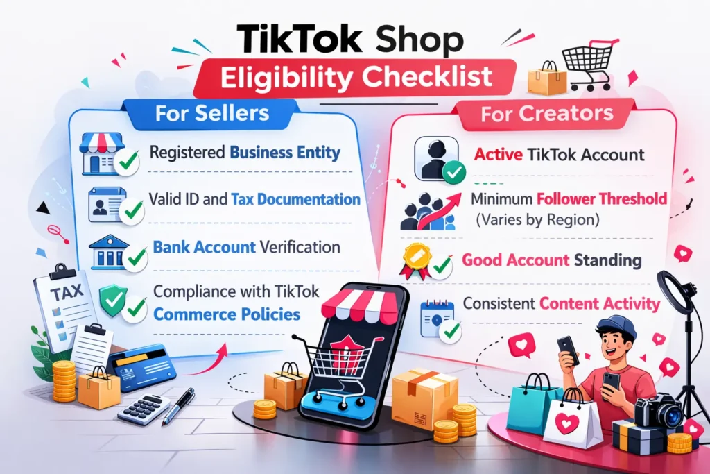 TikTok Shop eligibility checklist showing requirements for sellers and creators including business registration, ID verification, follower threshold, and account compliance