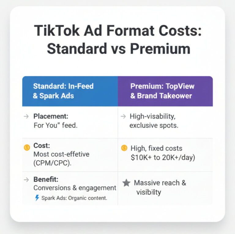 Comparison of TikTok ad format costs showing Standard In-Feed and Spark Ads versus Premium TopView and Brand Takeover ads, highlighting placement, pricing differences, and benefits.