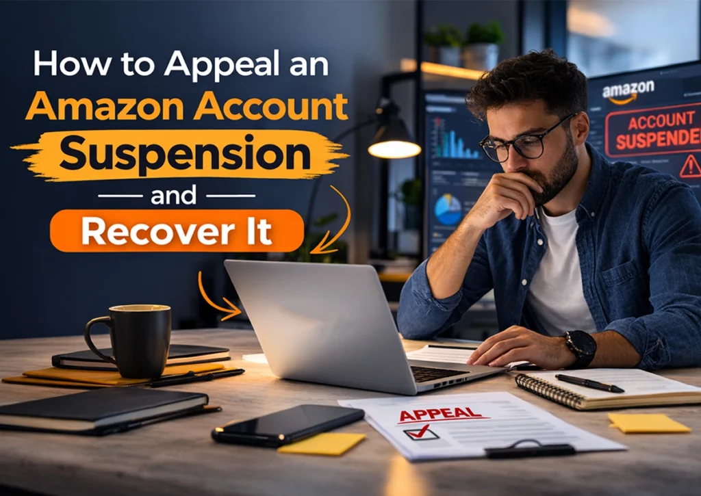 Seller working on laptop while appealing an Amazon account suspension to recover a suspended Amazon seller account